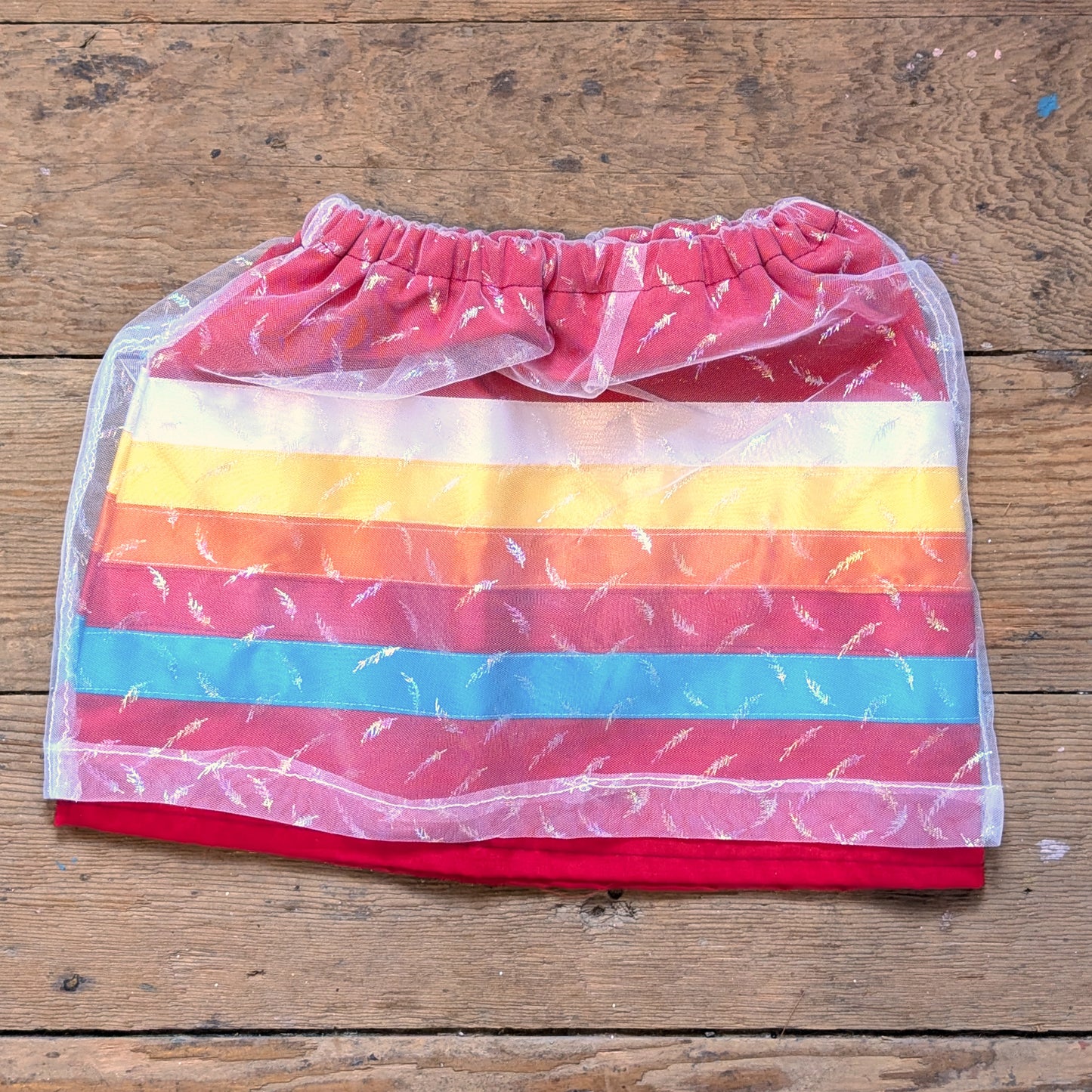 Iridescent Feather Red Baby Ribbon Skirt with Medicine Stripes