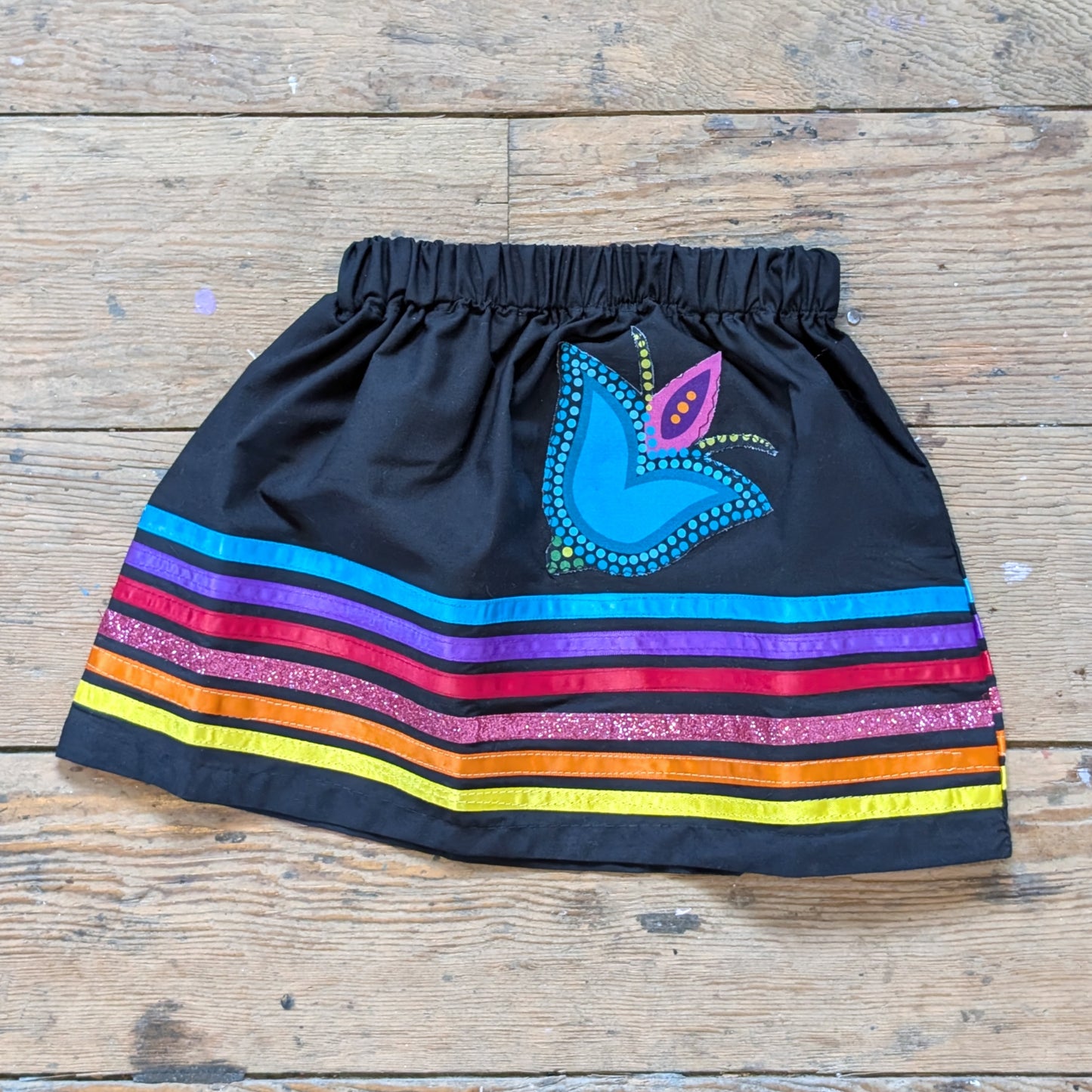 Black Mama & Baby Ribbon Skirts with Metis Tulip Patches & Rainbow Ribbons