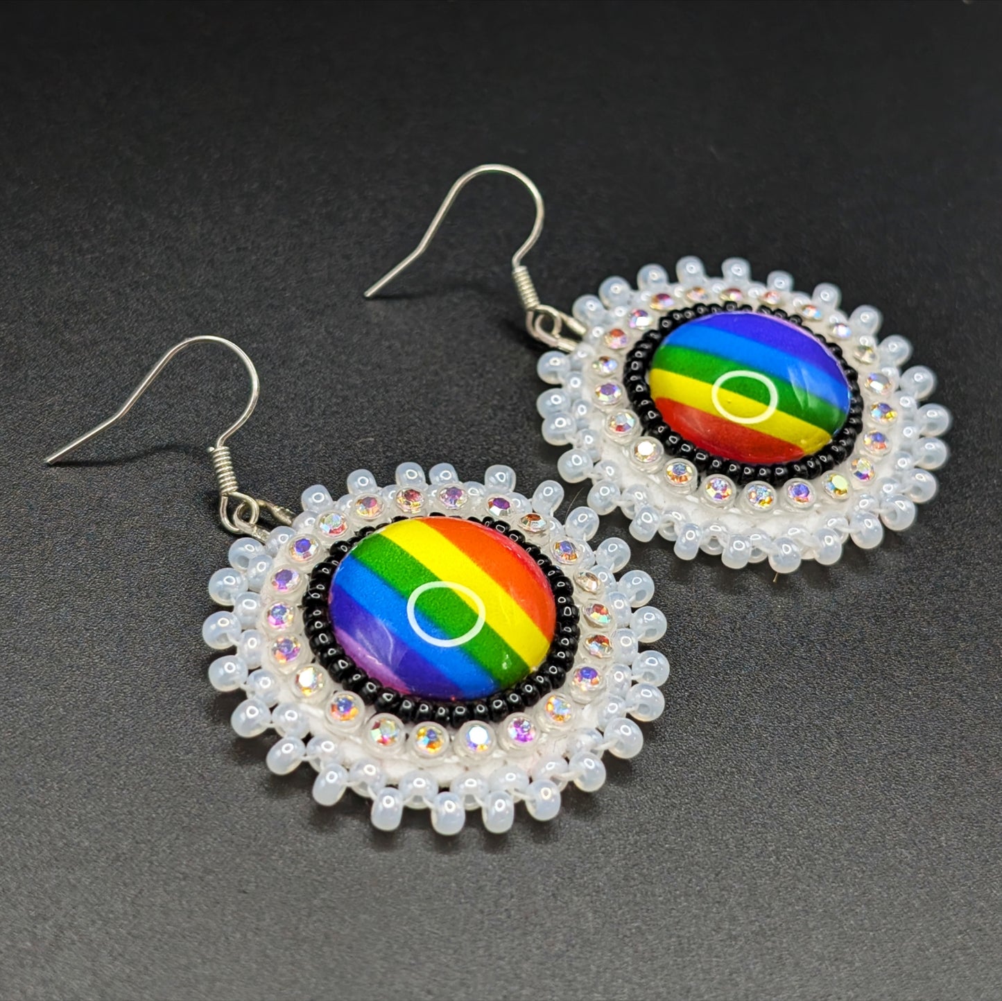 "Pride Bling" Beaded Pendant Earrings with Rhinestones & Rainbow Cabs