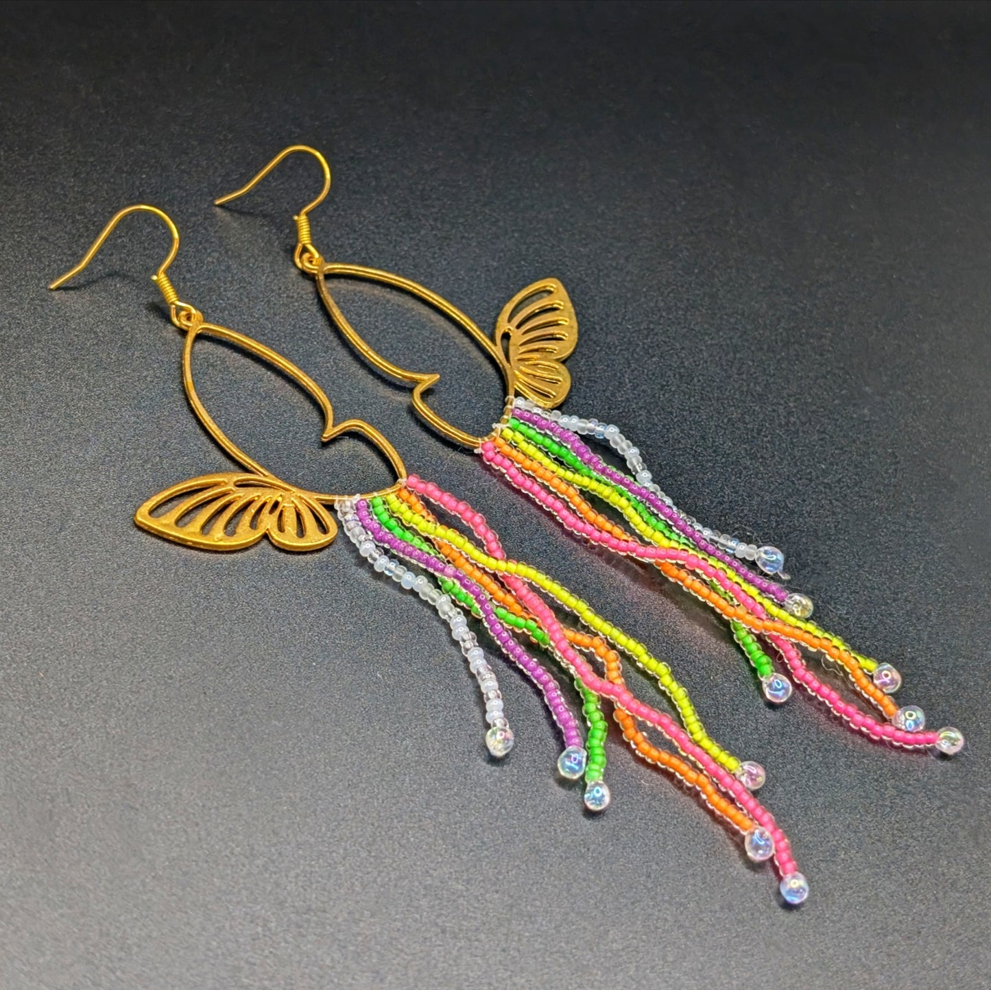 Gold Butterfly Earrings with Dangling Neon Beaded Fringe
