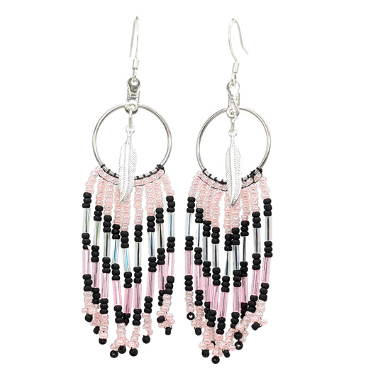 Silver Feather Pendant Geo Circle Pink & Black Chevron Beaded Earrings