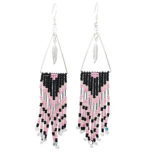 Silver Feather Pendant Geo Pink & Black Chevron Beaded Earrings