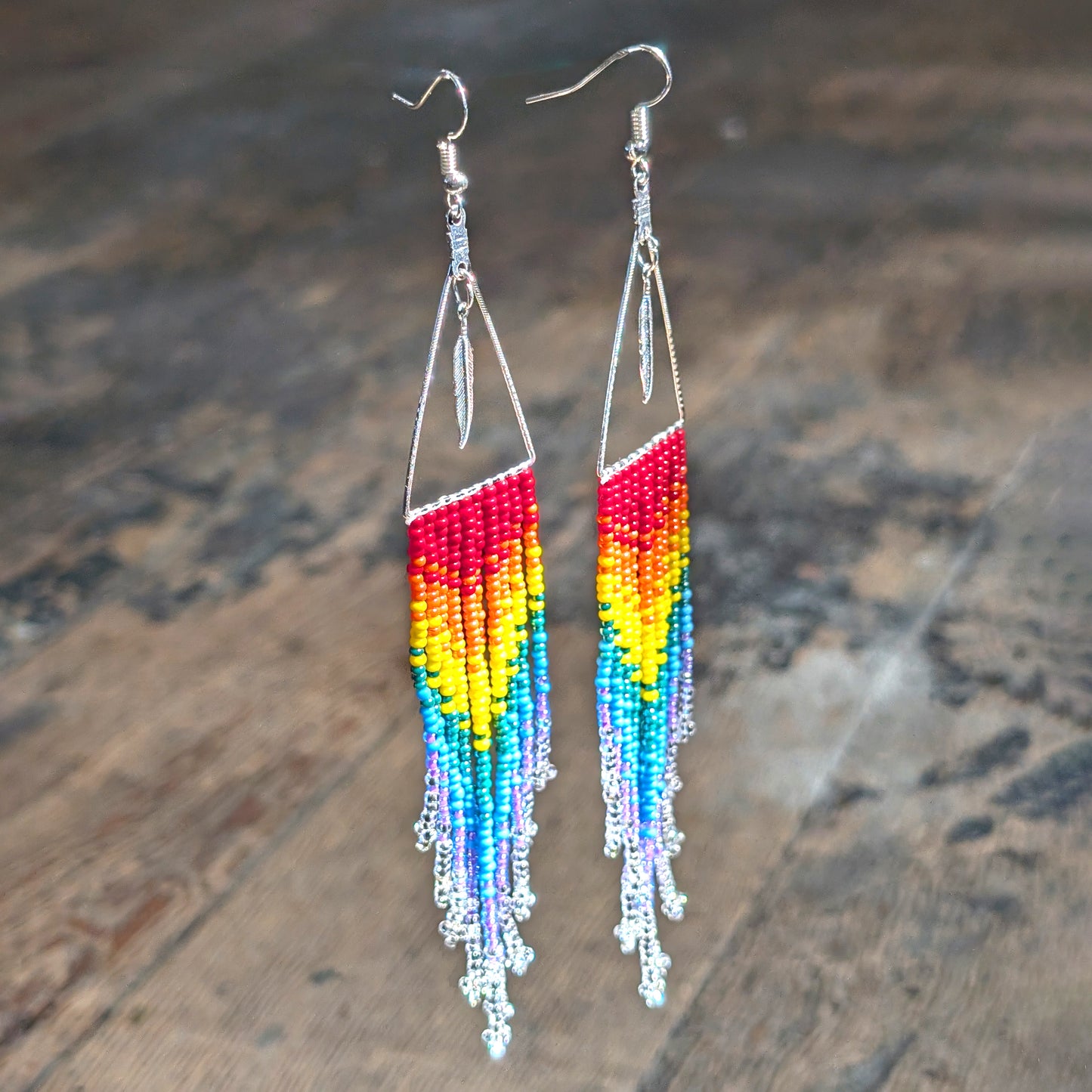 Geometric Rainbow Fringe Earrings with Crystal Ombre Tips