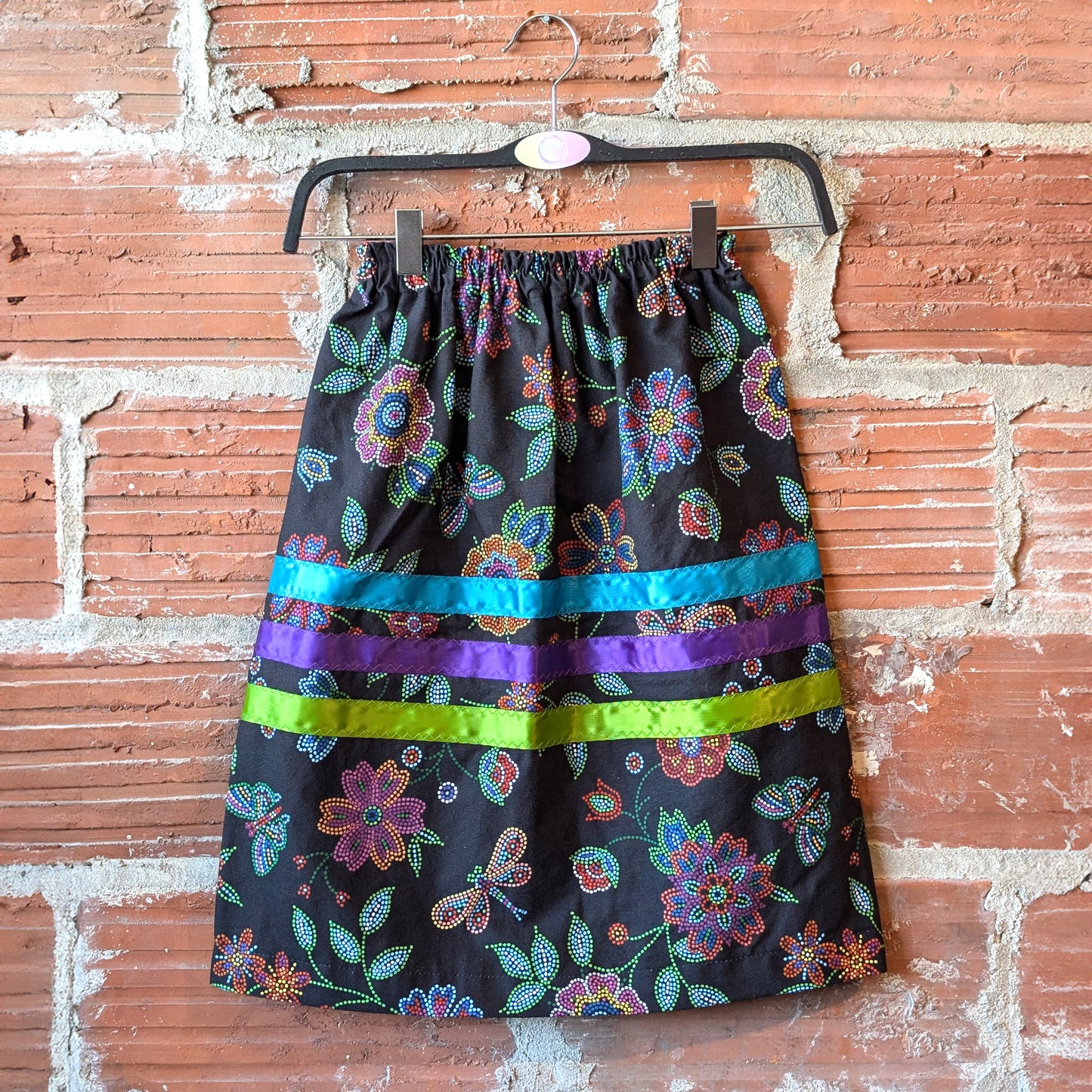 Metis Beaded Floral Children’s Ribbon Skirt with Teal, Purple & Lime Ribbons