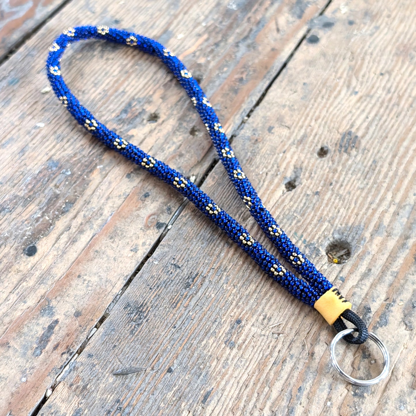 Gold Floral Royal Blue Beaded Lanyard