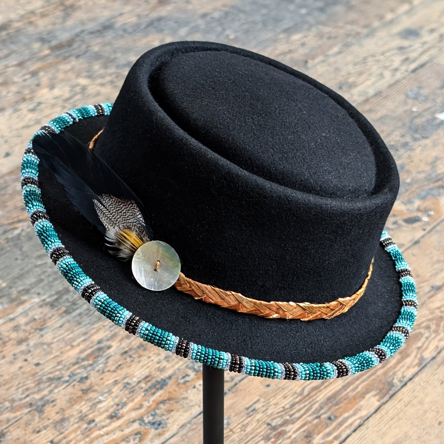 "Summer Tides" Beaded Pork Pie Hat with Braided Red Cedar