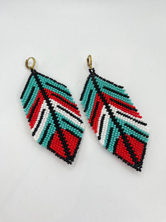 Blue and Red Feather Beaded Earrings