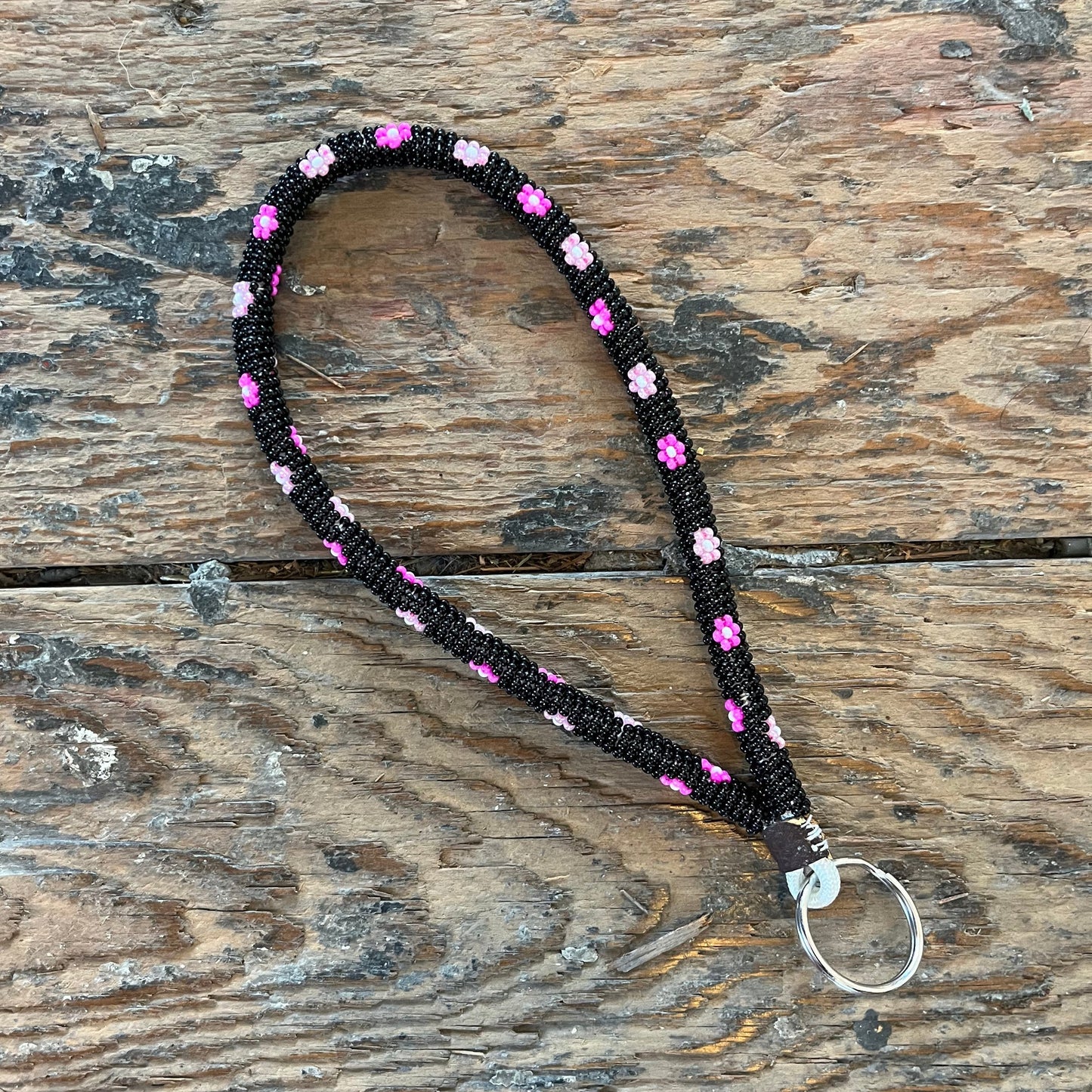 Black and Pink Floral Lanyard