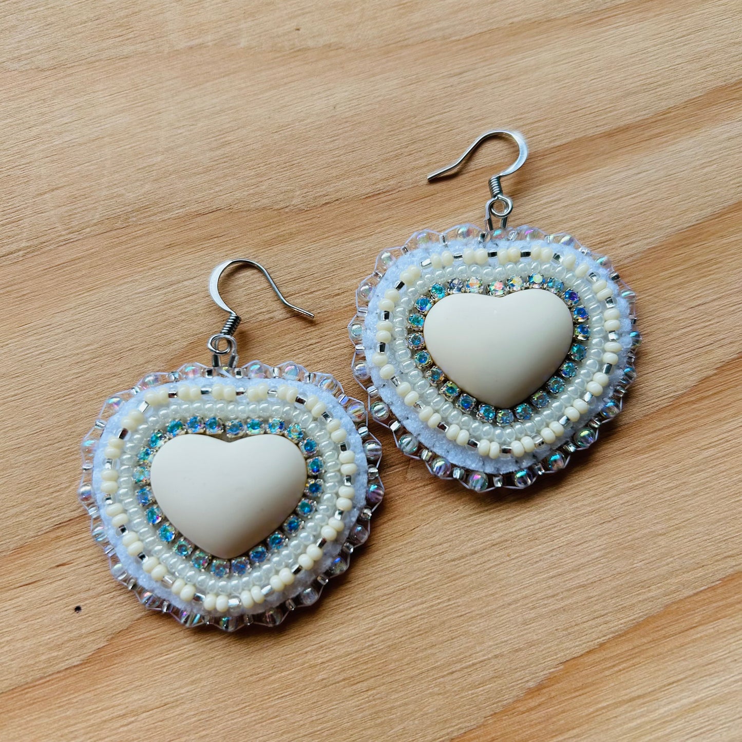 Beaded Heart Earrings in Ivory