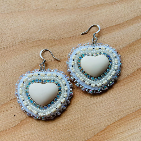 Beaded Heart Earrings in Ivory