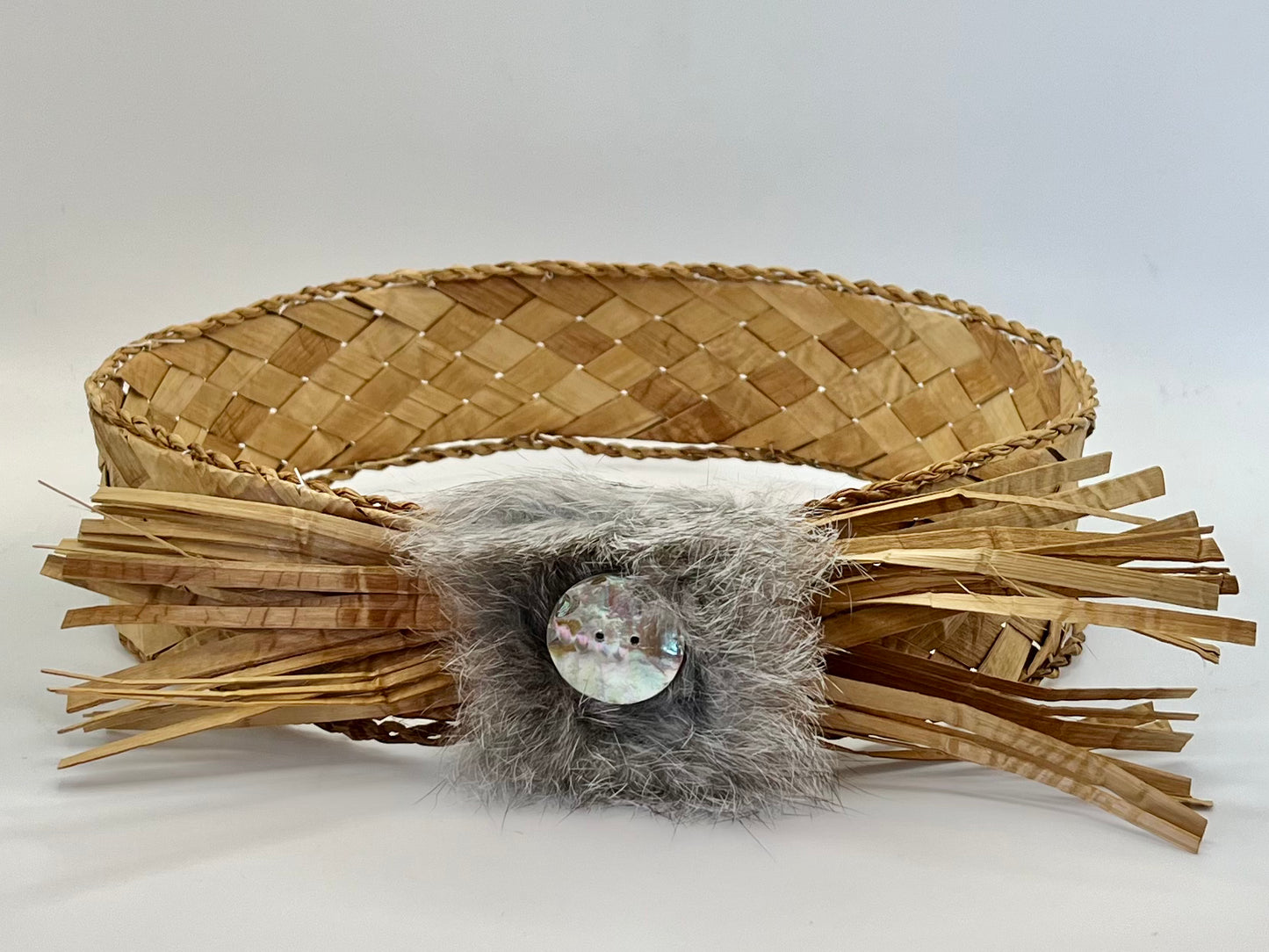 Cedar Woven Headband with Abalone and Rabbit Fur