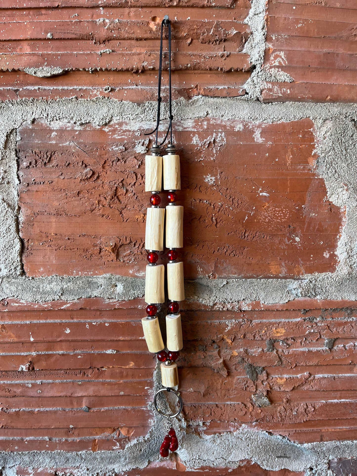 Red Beads & Devil's Club Beaded Lanyard with Silver Key Ring