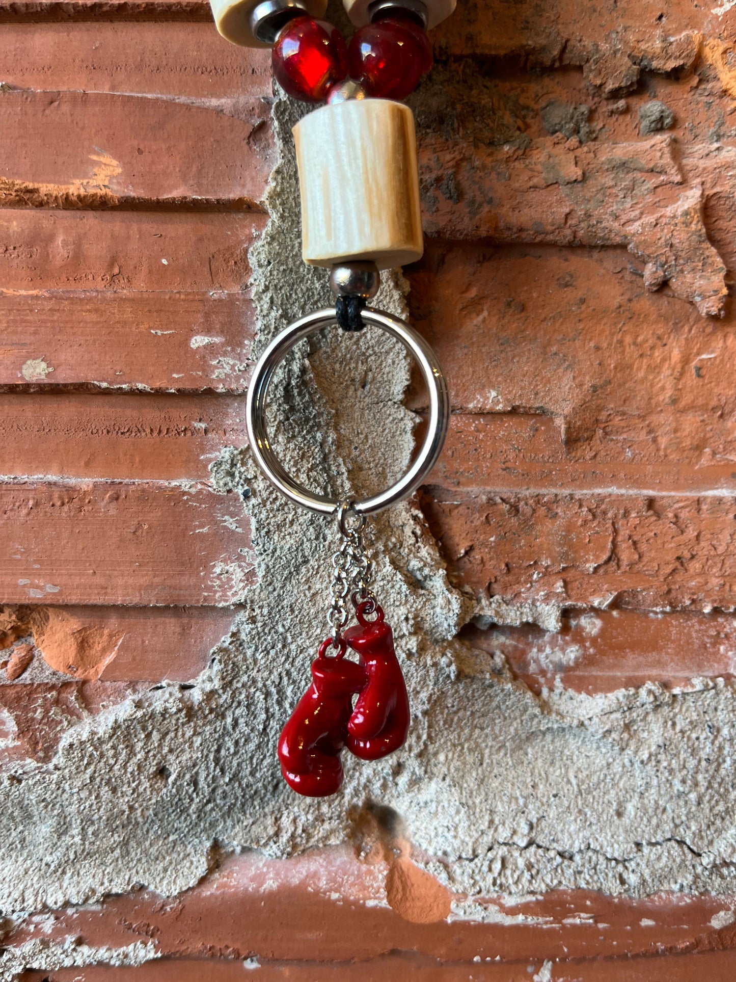 Red Beads & Devil's Club Beaded Lanyard with Silver Key Ring