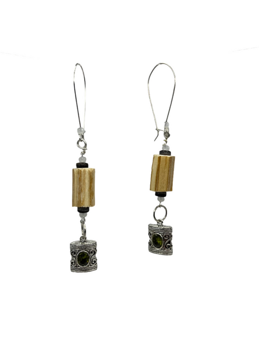 Green & White Gemstone Devil's Club Dangling Earrings