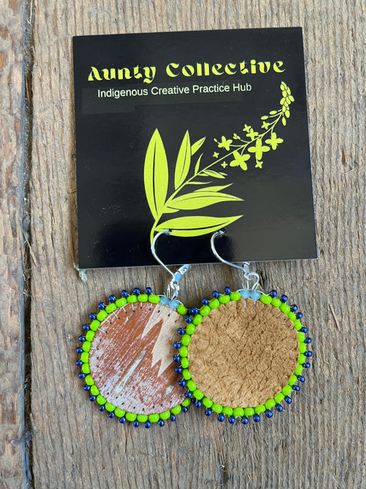 Green and Blue Edged Smoked Hide and Birch Round Earrings