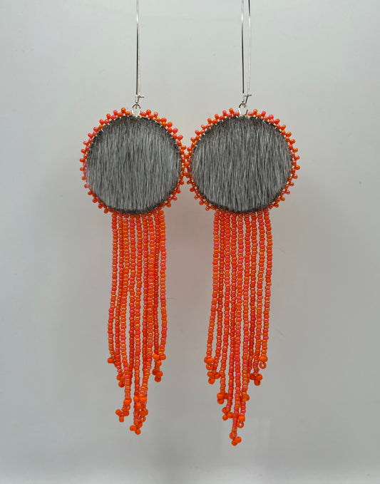 Silver Seal Skin Orange Fringe Earrings