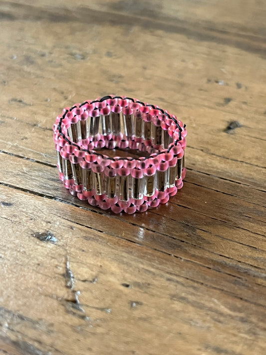 Pink beads & Silver Bugle Beaded Ring