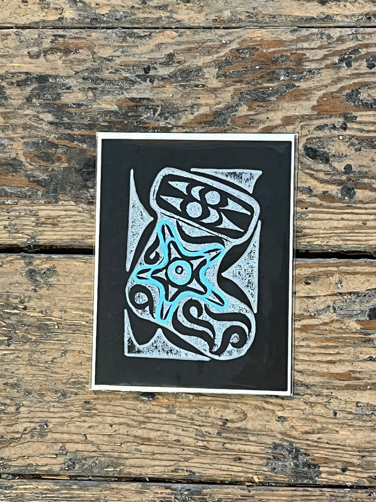 Coast Salish Stocking Lino Cut Greeting Card in Black