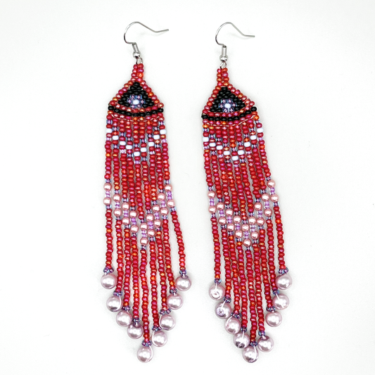 Red Pearl Beaded Fringe Pink with Black Accents Earrings