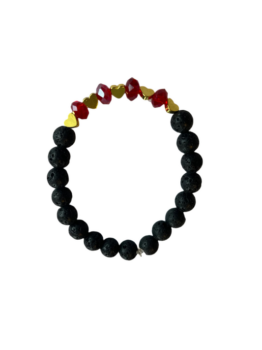 Gold Plated Heart Bead Bracelet with Red Crystal & Lava Rock