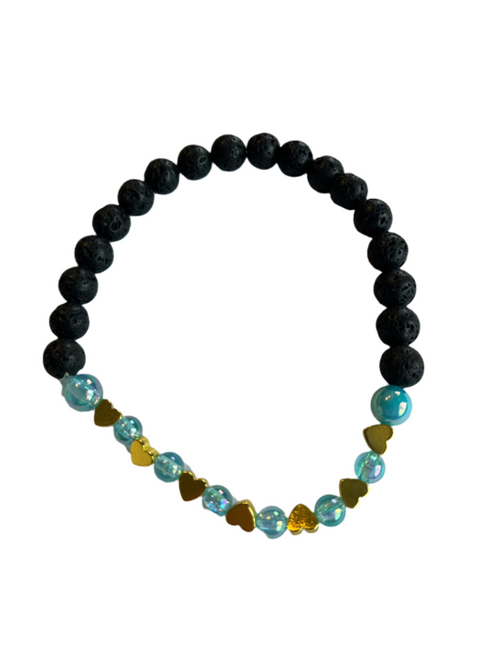 Gold Plated Heart Bead Bracelet with Lava Rock & Turquoise Glass