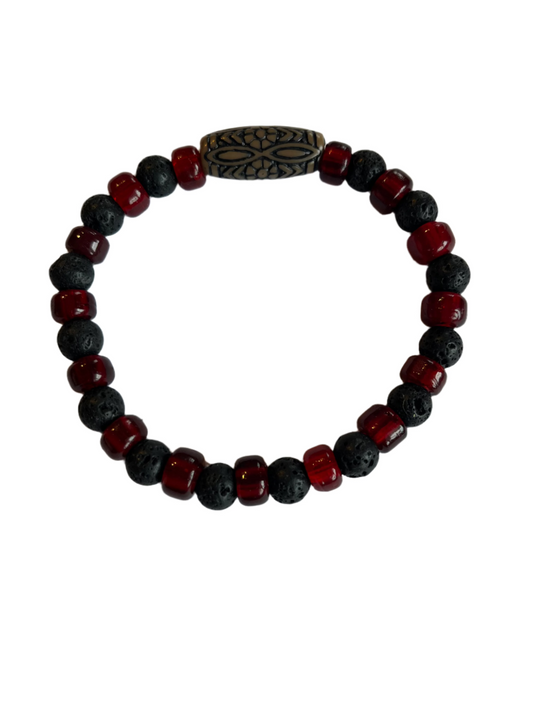 Carved Floral Bead Bracelet with Red Glass & Lava Rock