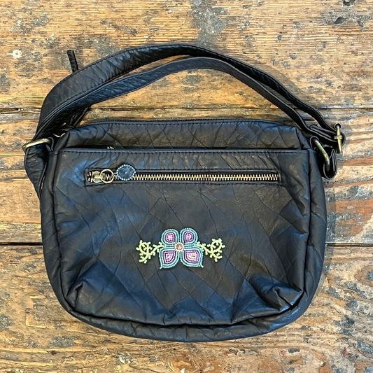 Beaded Crossbody Black Leather Bag