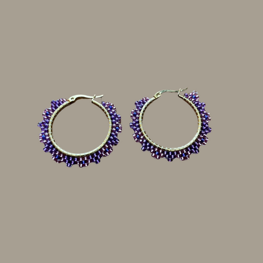 Medium Purple Floral Beaded Hoop Earrings