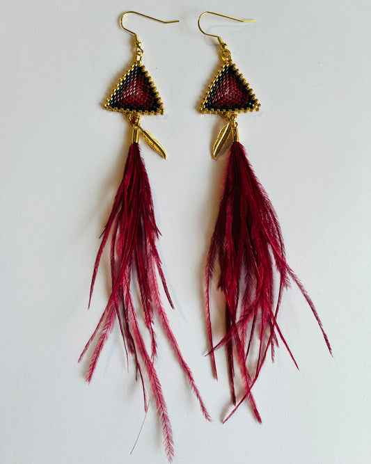 Beaded Triangle Earrings with Feathers - Cranberry and Black