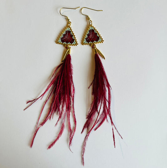 Beaded Triangle Earrings with Feathers - Cranberry with Pale Blue Trim
