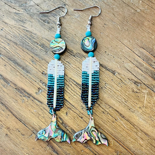 Abalone and Quill Turquoise Drop Earrings with Whale Tail