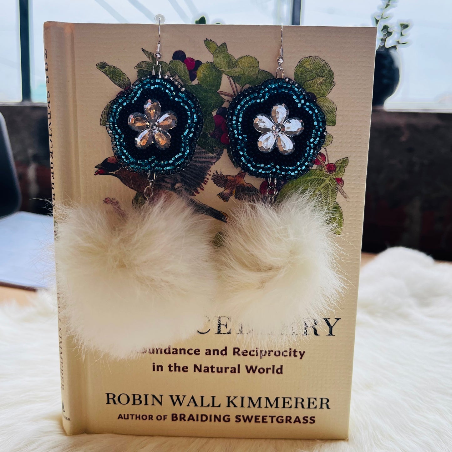 Flower with Rabbit Dangle Flat Stitch Earrings