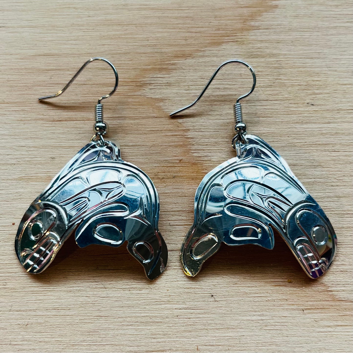 Silver Carved Whale Earrings