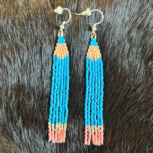 Blue Pencil Crayon Beaded Fringe Earrings