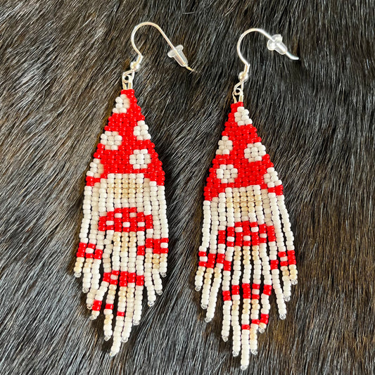 Beaded Gnome & Mushroom Fringe Earrings