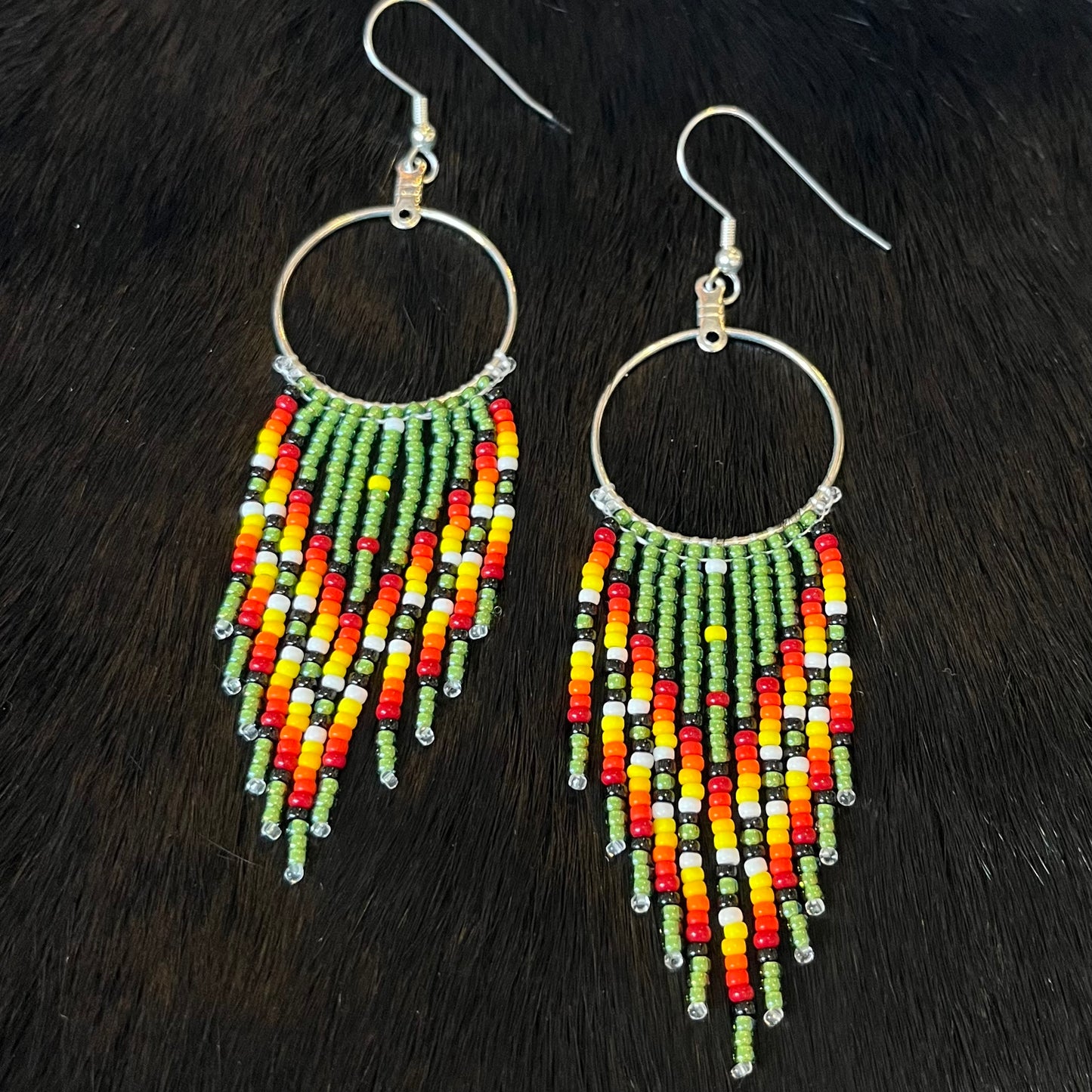 Green Fringe Hoop Beaded Earrings