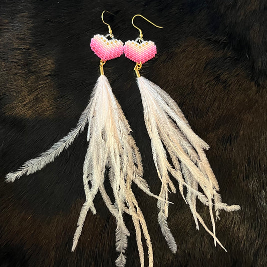 Pink Beaded Hearts with Feather Tassel Earrings