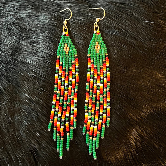 Medium Traditional Green Fringe Beaded Earrings