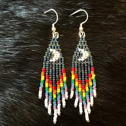 Small Crescent Moon with Rainbow Fringe Beaded Earrings