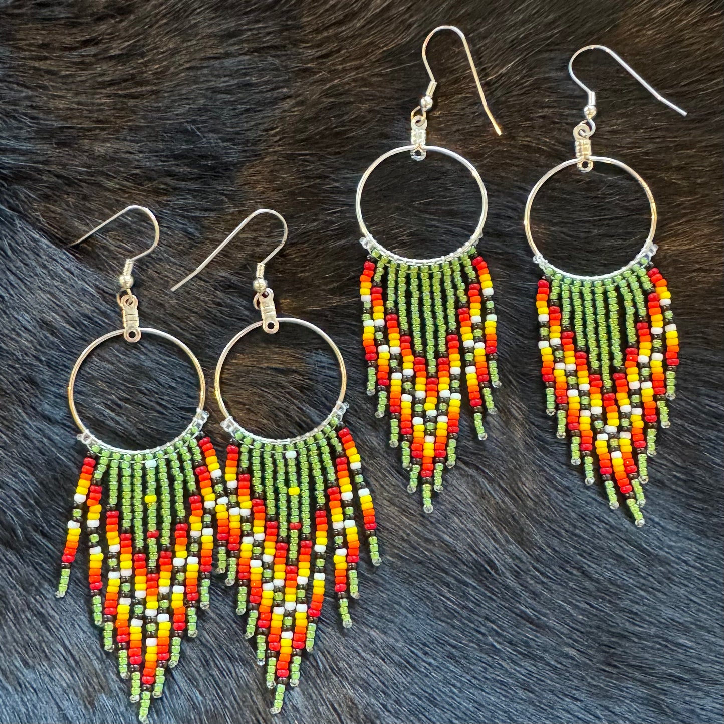 Green Fringe Hoop Beaded Earrings