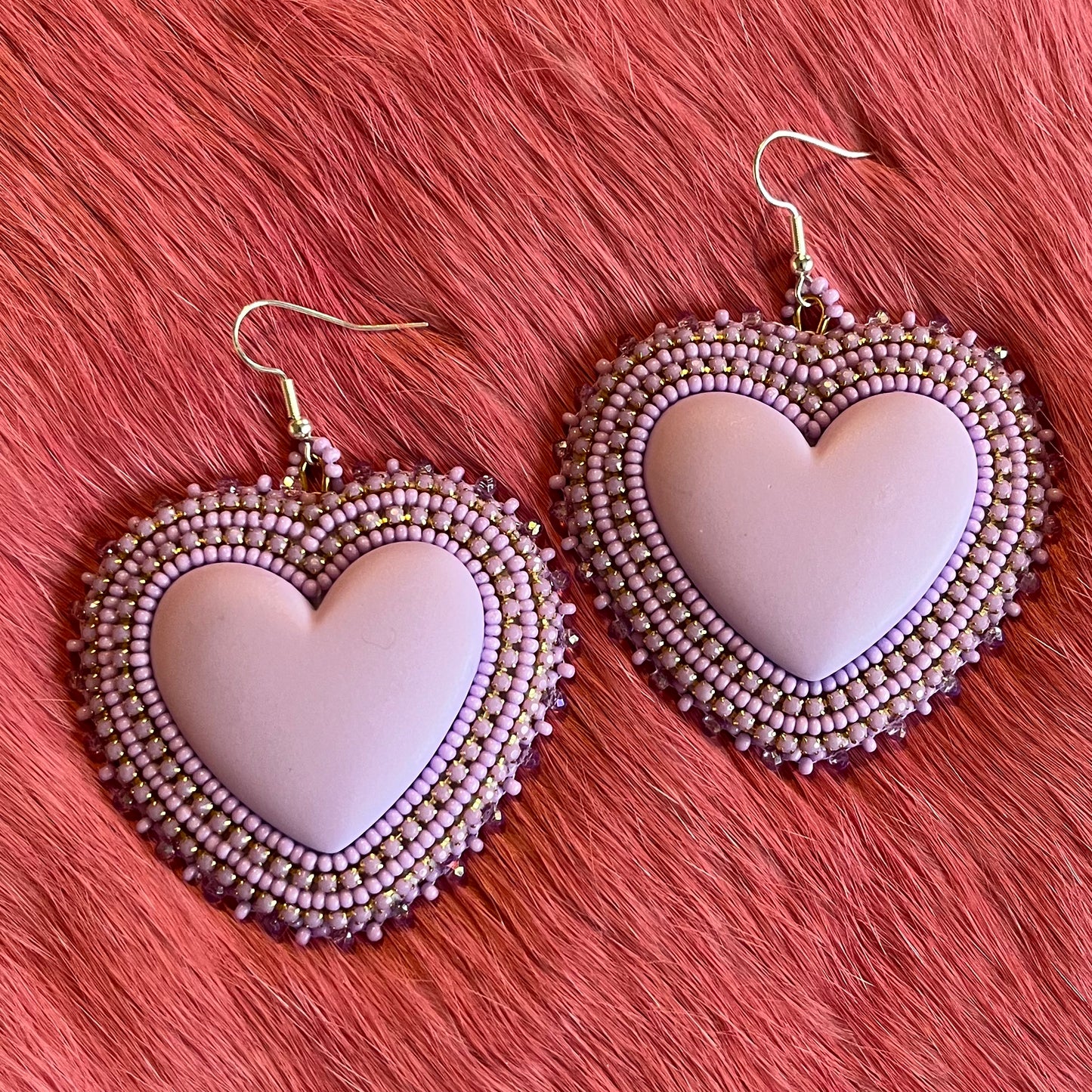 Large Light Purple Flat Stitch Heart Earrings