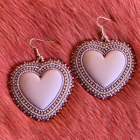 Large Light Purple Flat Stitch Heart Earrings