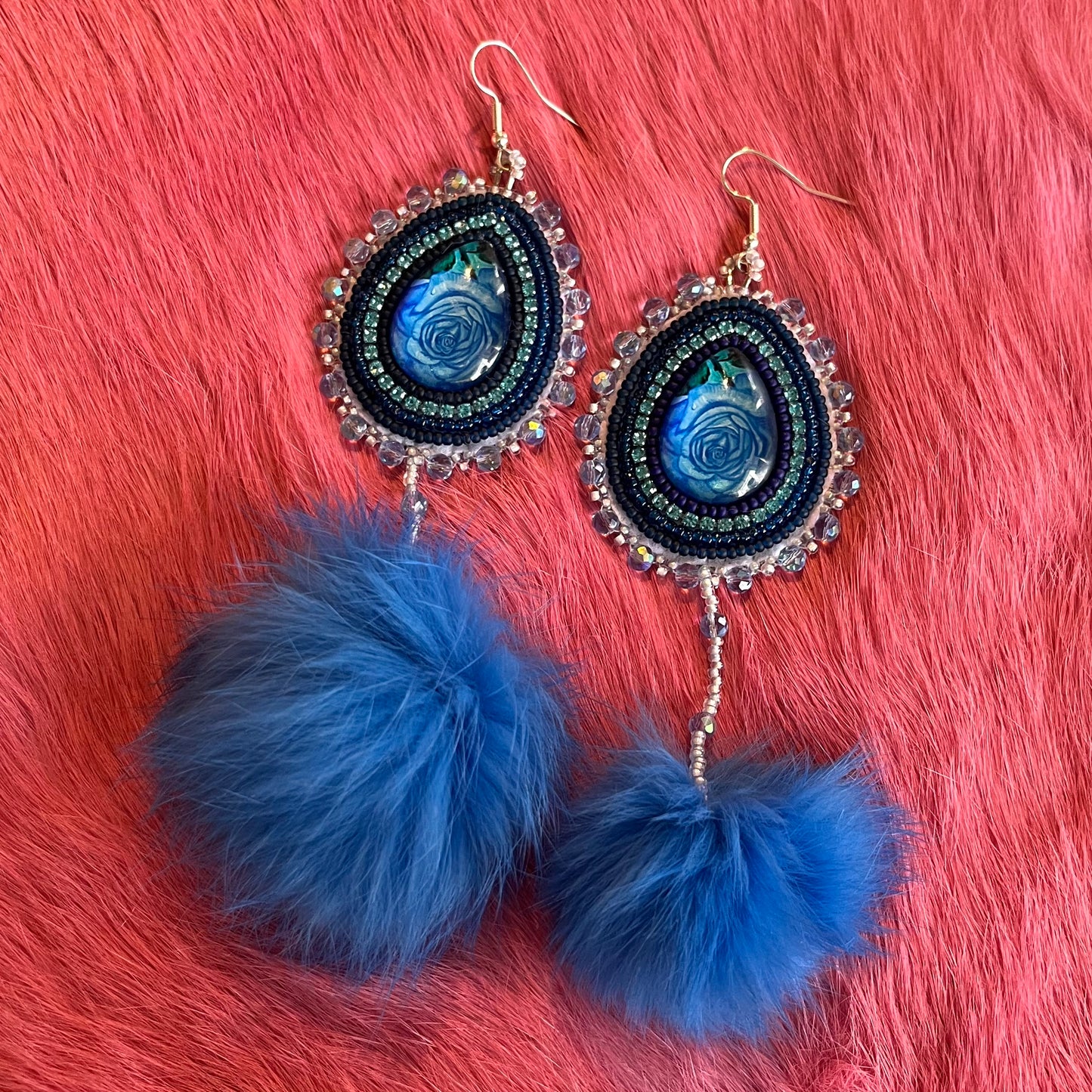 Blue Rose Flat Stitch Earrings w/ Rabbit Fur Pom Pom