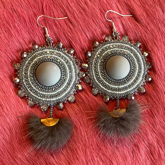 Light Blue Flat Stitch Earrings with Rabbit Fur Pom Pom