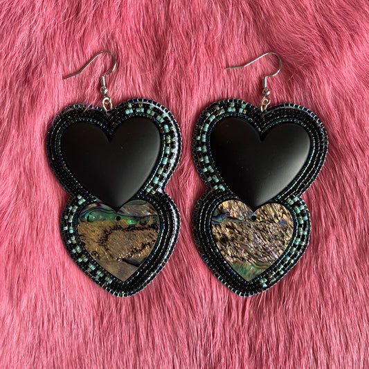 Black And Abalone Flat stitch Heart Earrings