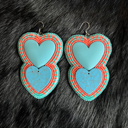 Teal & Coral Double Stack Heart Beaded Earrings