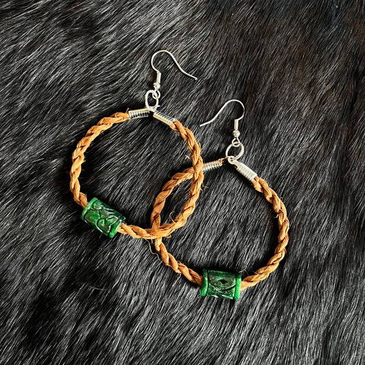 Yellow Cedar Rope Hoop Earrings with Jade Beads