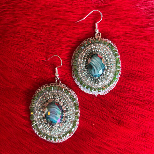 Green Oval Flat Stitch Earrings