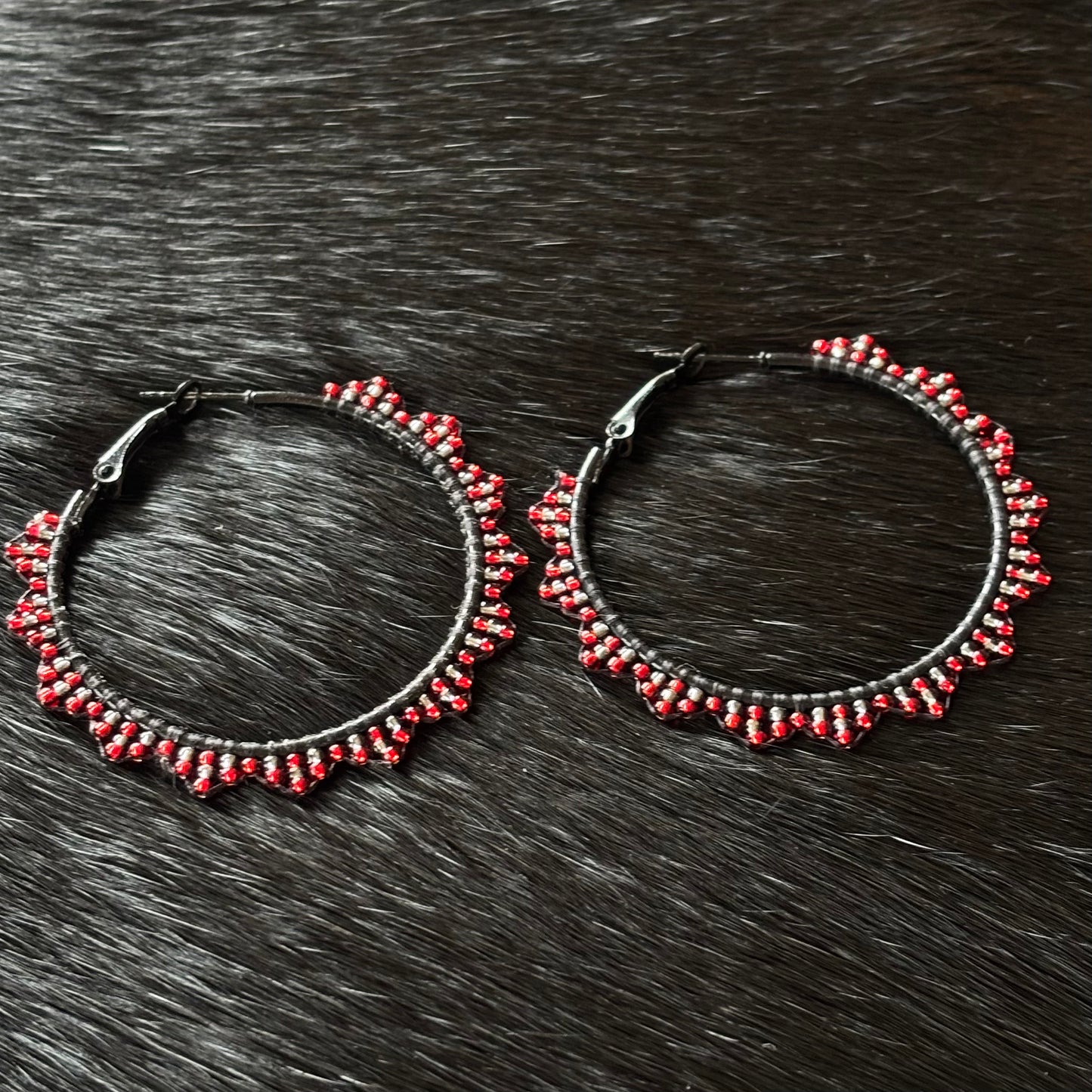 Beaded Red and Black Hoop Earrings