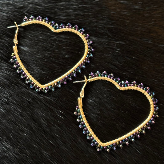 Purple Beaded Heart Hoop Earrings